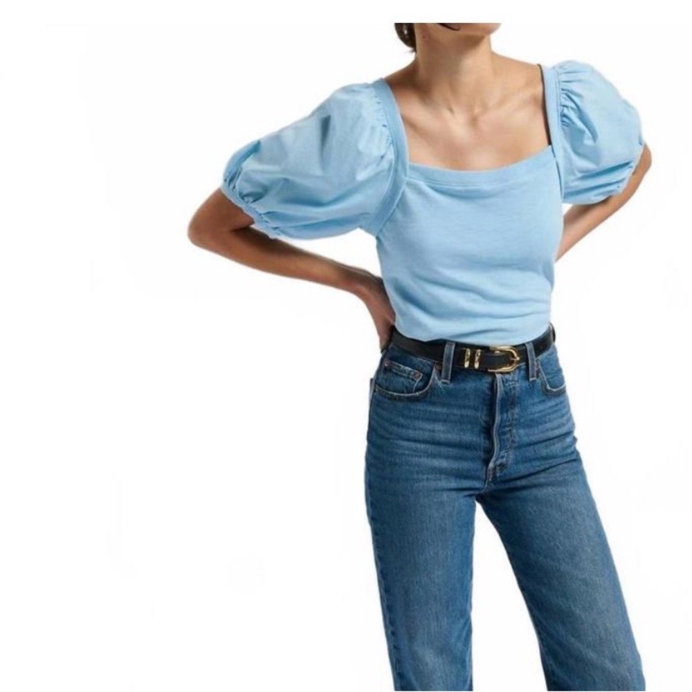Nation Los Angeles Naya Top Powder Blue Puff Sleeve Square Neck XL Anthropologie